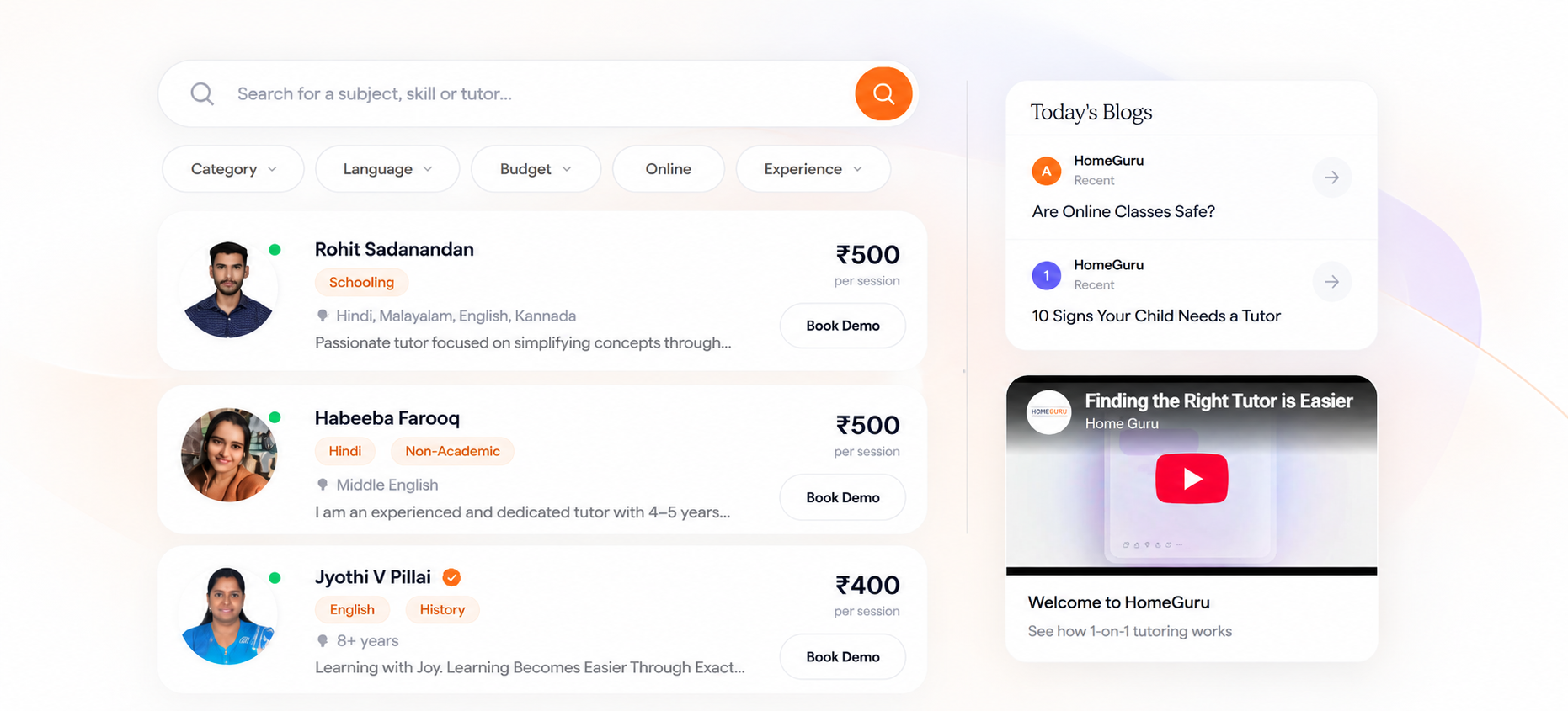 Student dashboard showing tutor search